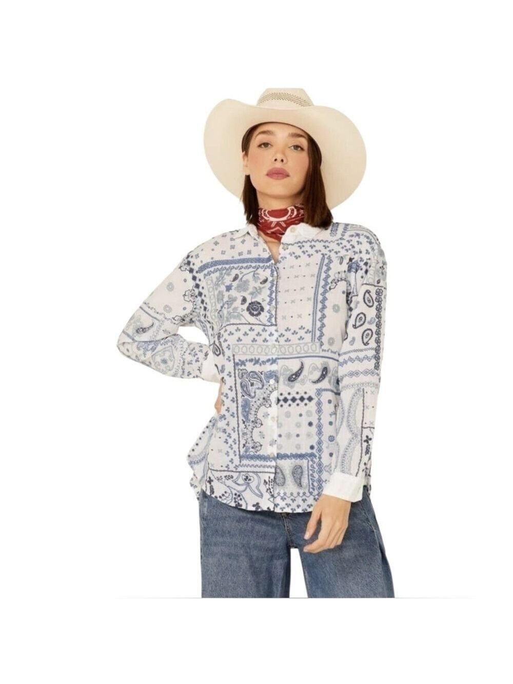 Johnny Was Vanya Schiffu Oversized XS Embroidered Patchwork Button Down Shirt